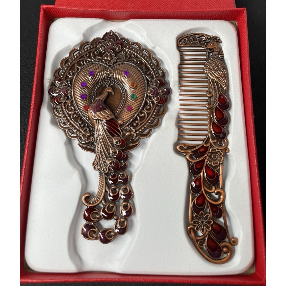 Antique Style Oriental Brass Embossed Peacock Motif Vanity Mirror Comb Set 130 g